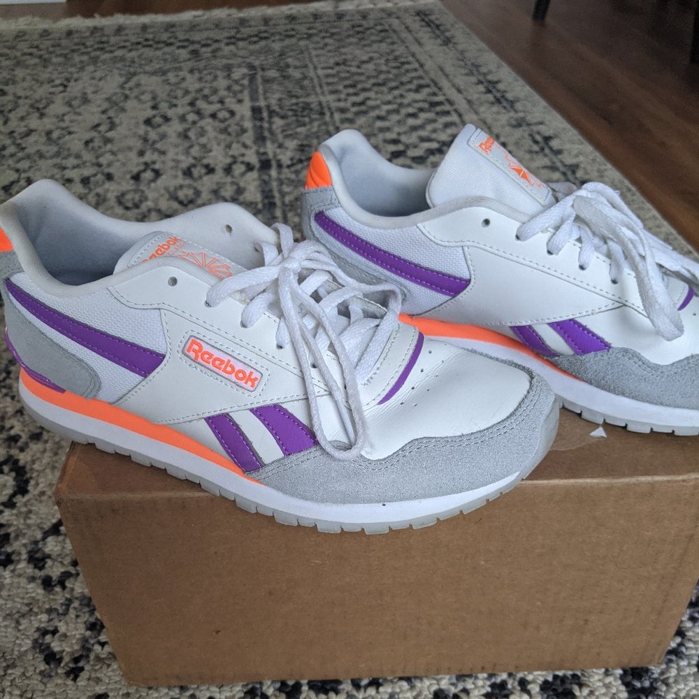 Reebok Classic white leather w purple and orange